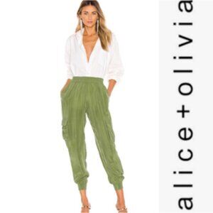 ALICE + OLIVIA Cargo Pants, Green Dede Smocked Waist, Small